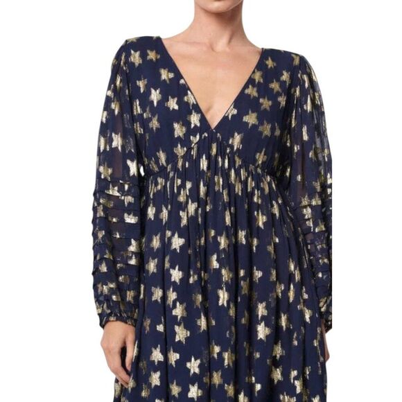 Ciebon Sallie Metallic Star Print Sz L Long Sleeve Minidress in Navy & Gold - Picture 3 of 10